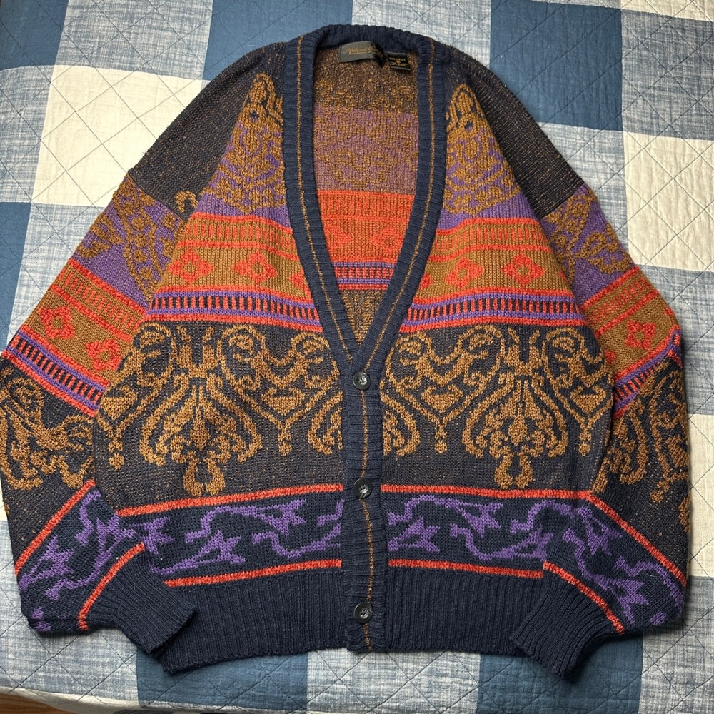 Vintage Geometric Jacquard Cardigan Sweater Navy Purple Orange - Michael Gerald